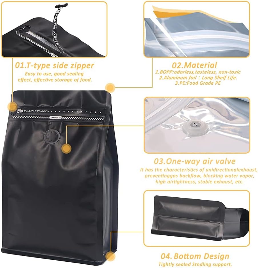 Bolsas café con válvula 8oz aluminio negro reutiliz.