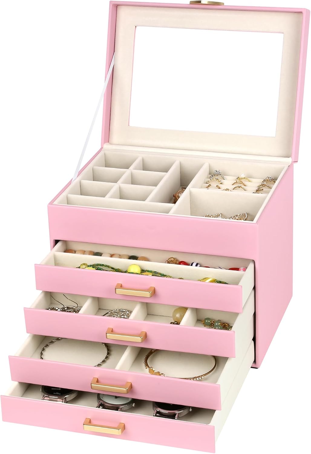 Caja joyas 5 capas piel sintética corazón con tapa vidrio