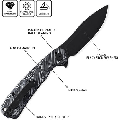 Cuchillo plegable acero negro lavado piedra mango G10 EDC