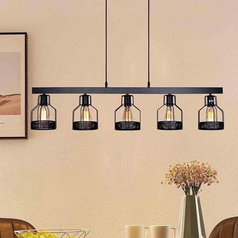 Luces colgantes isla cocina con 5 enchufes E26 metal negro