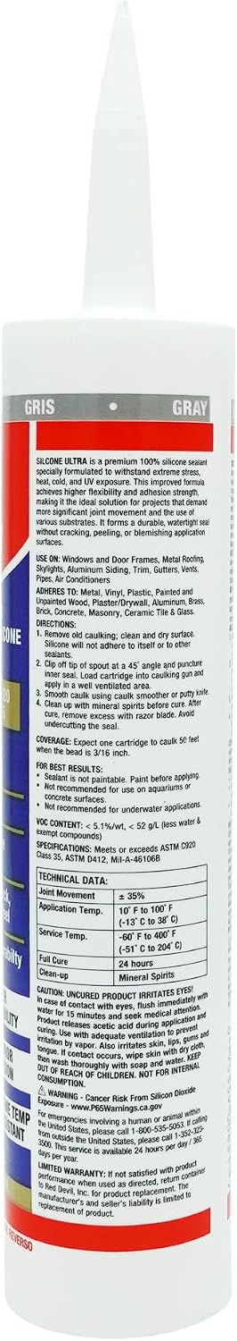 Sellador silicona RTV 10.1oz gris tubo 100% resistente agua