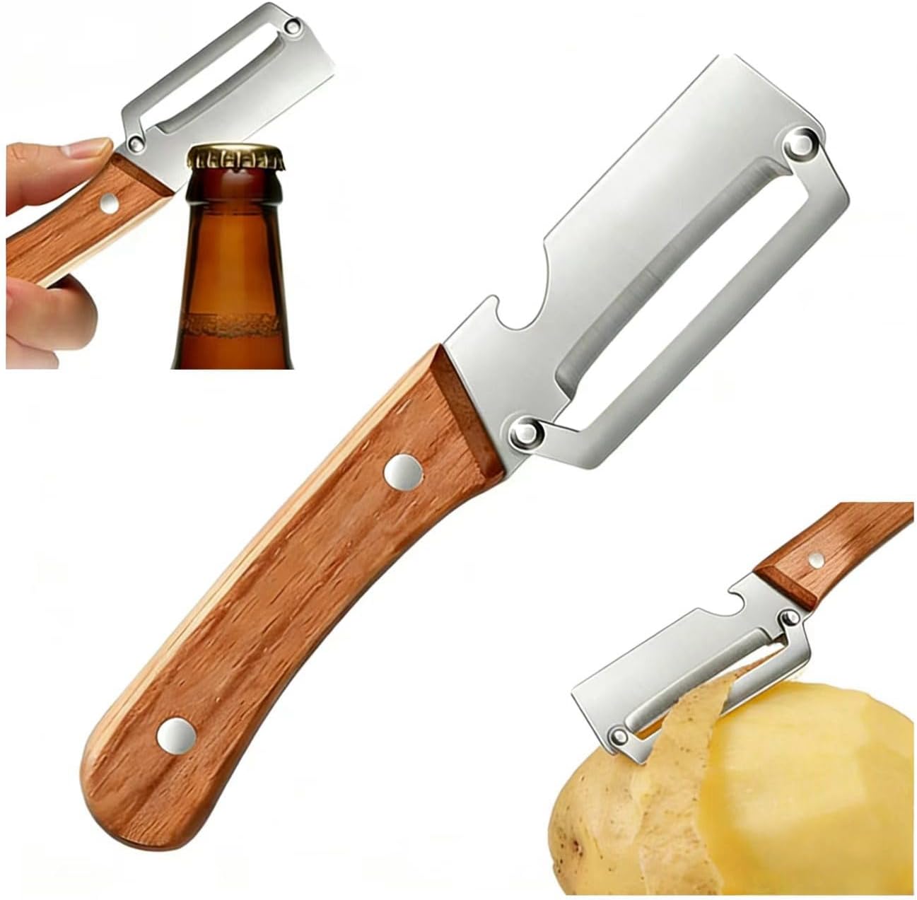 Pelador 2en1 acero inox mango madera abridor botellas
