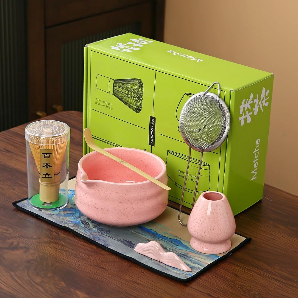 Juego batidor matcha rosa