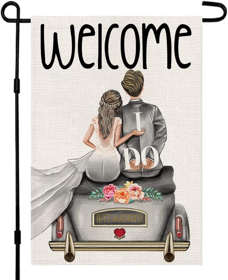 Bandera bienvenida boda 12x18pulg vertical doble cara