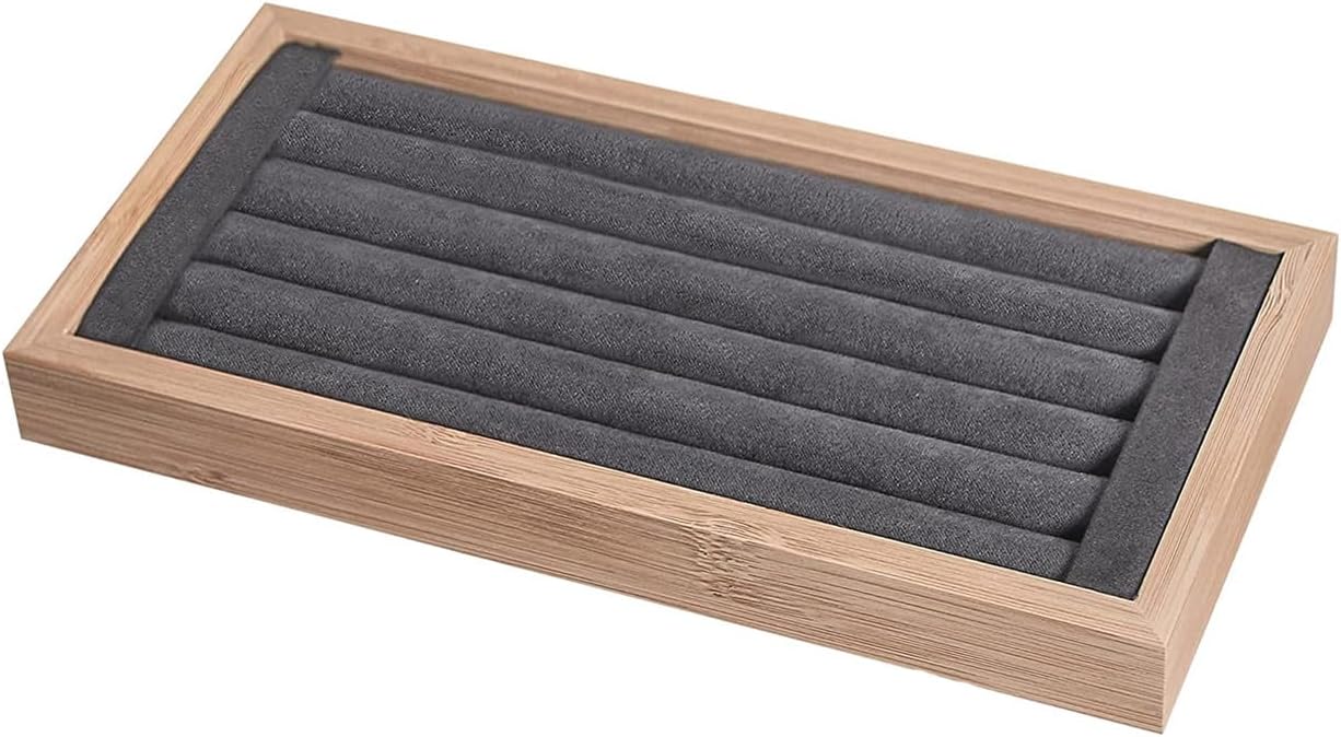 Bandeja anillos bambú soporte terciopelo gris
