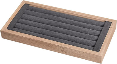 Bandeja anillos bambú soporte terciopelo gris