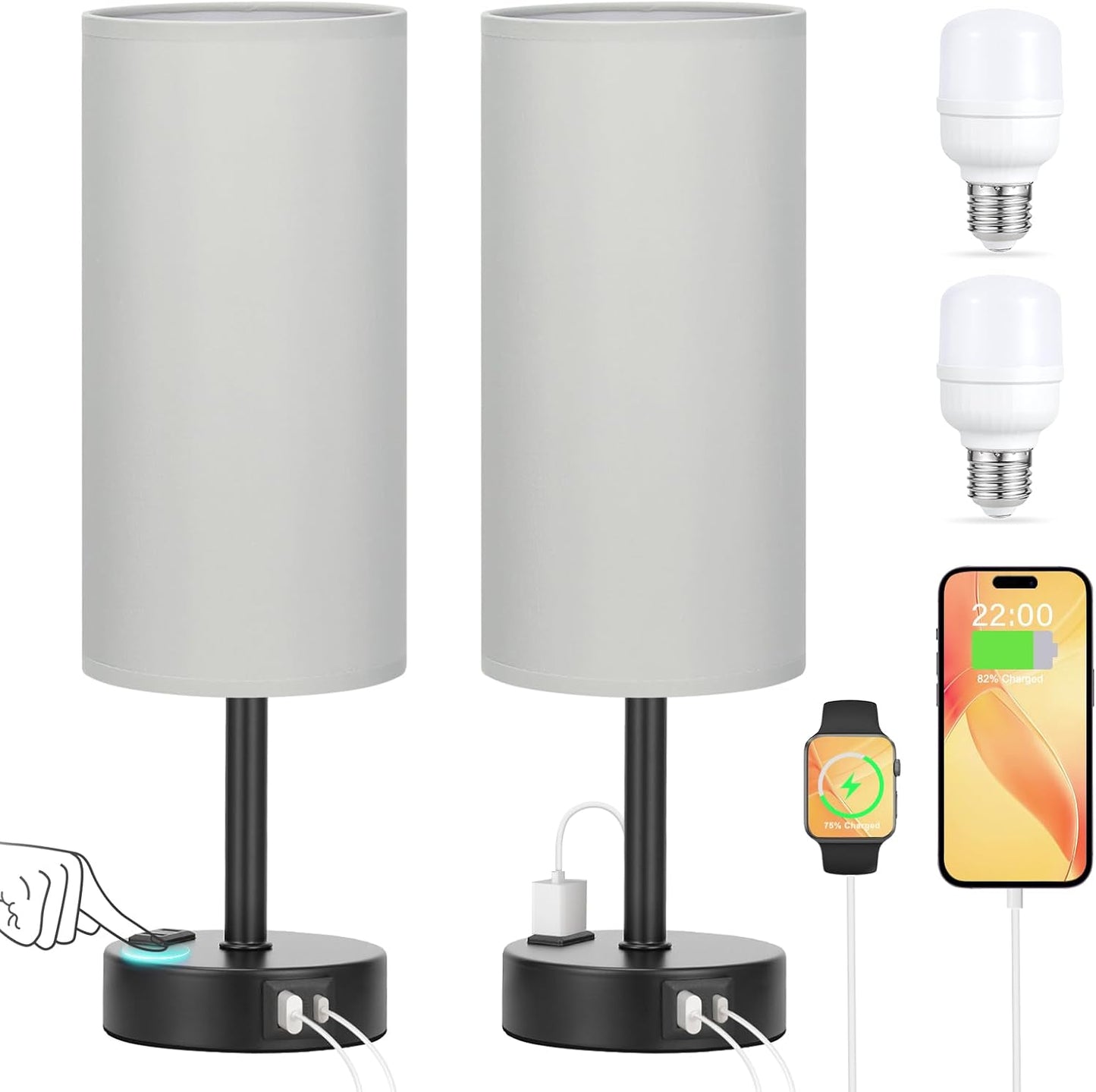 2 Lámparas Mesa Táctiles Grises 3 Niveles USB C y A