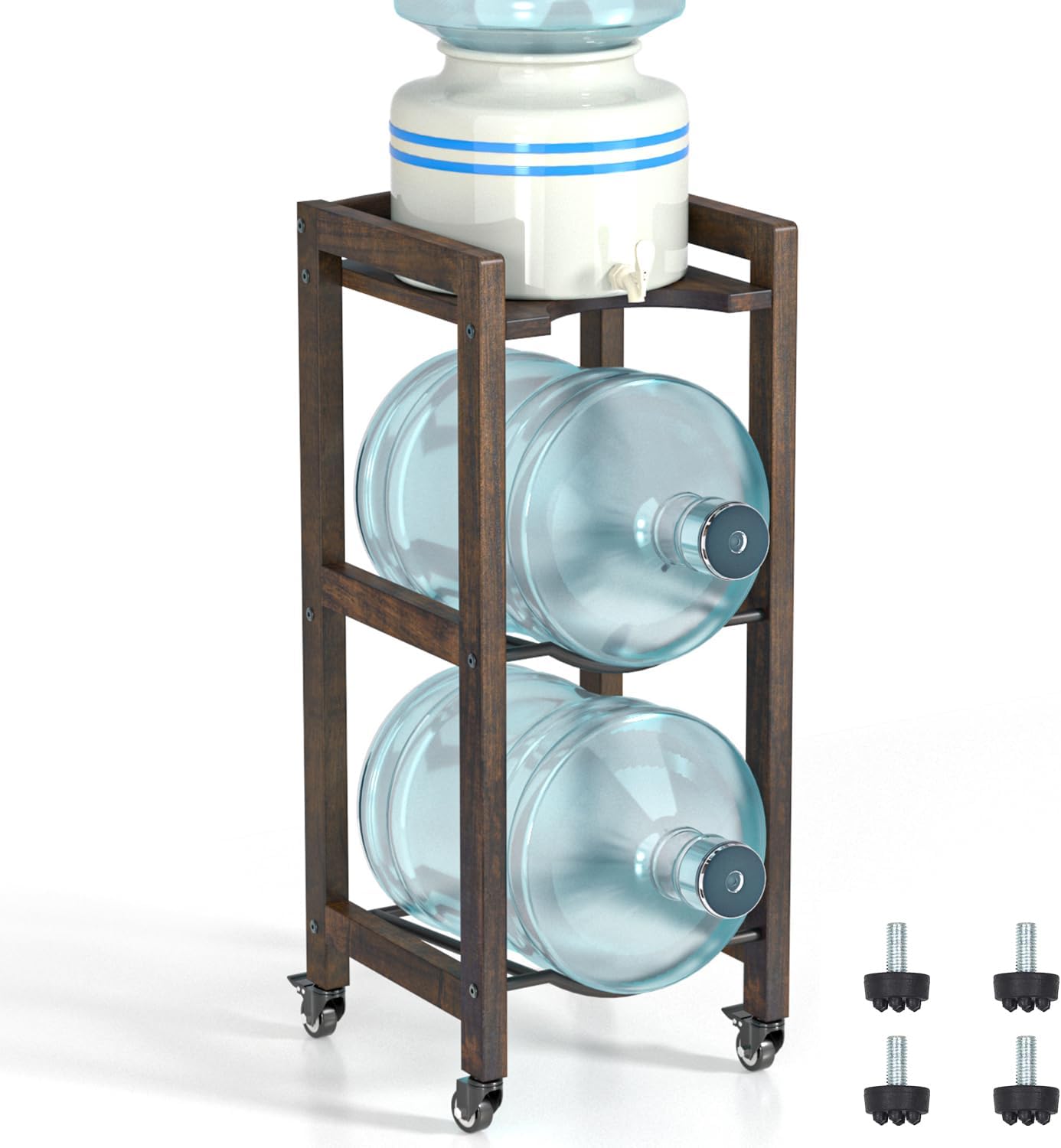 Soporte jarra agua 5gal madera natural 4 ruedas