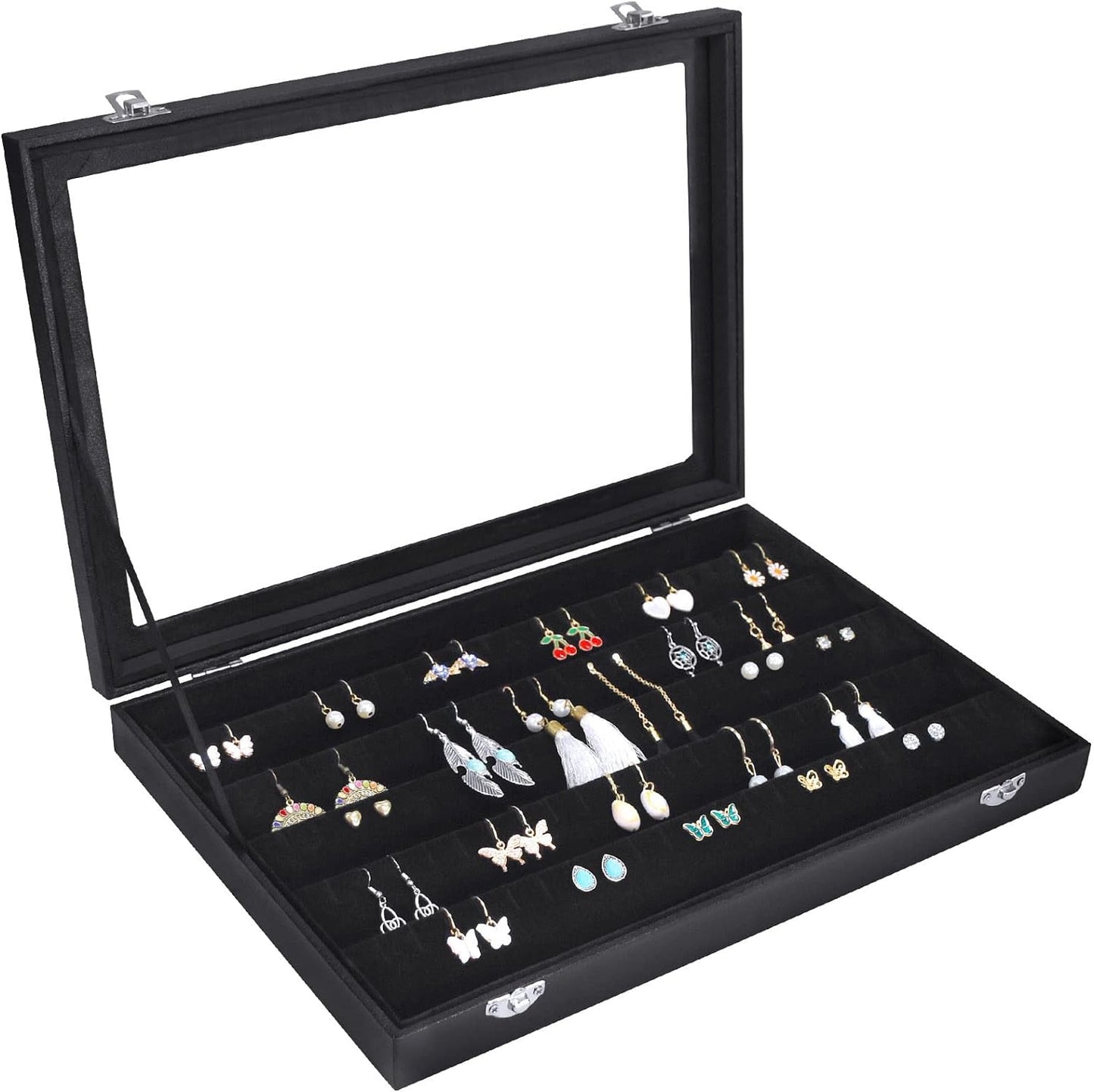Bandeja terciopelo aretes 110 ranuras cubierta vidrio negro
