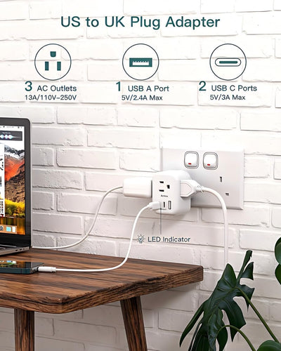 Adaptador enchufe EE.UU. a Reino Unido tipo G con 3 puertos USB