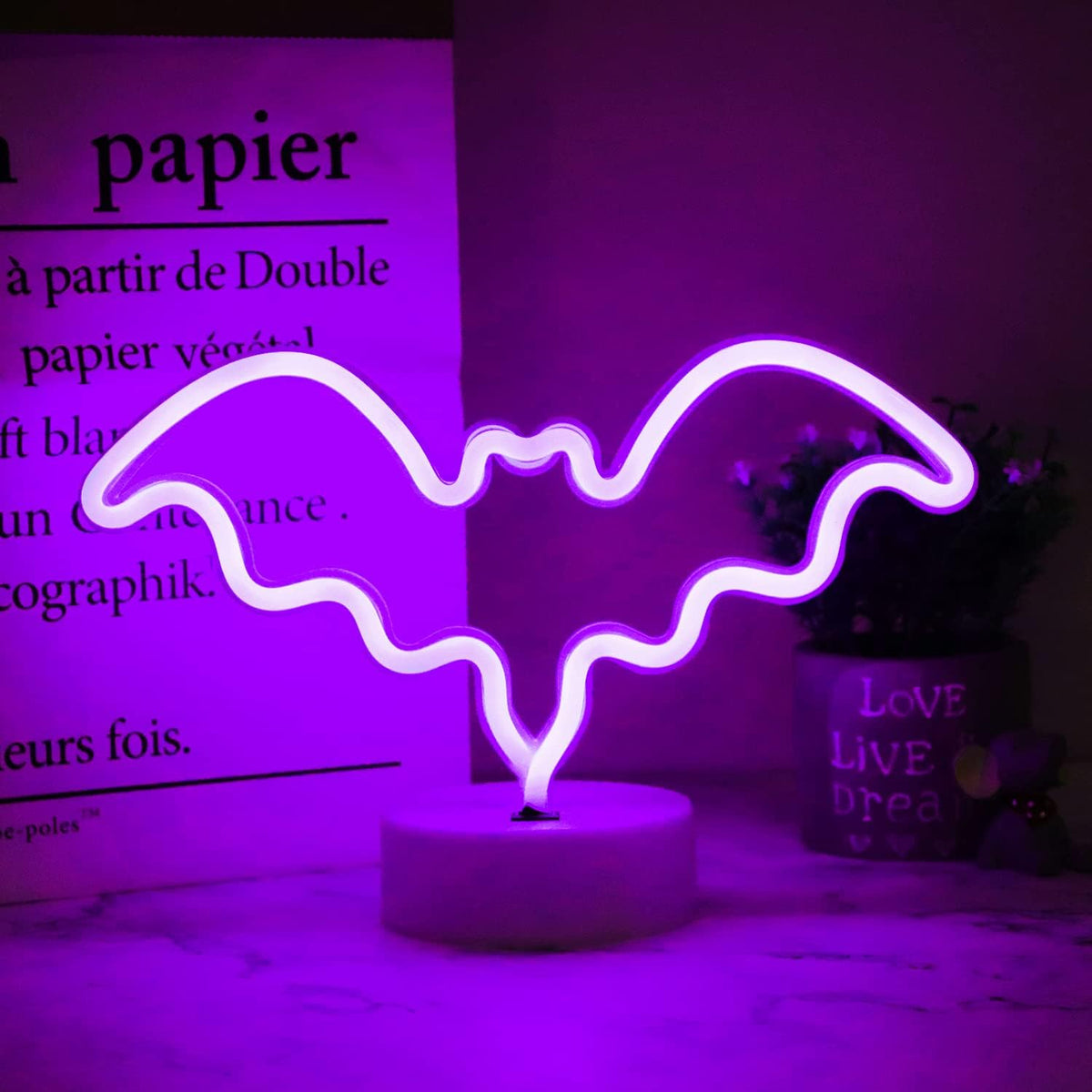 Lámpara LED murciélago neón morado para dormitorio bar Halloween