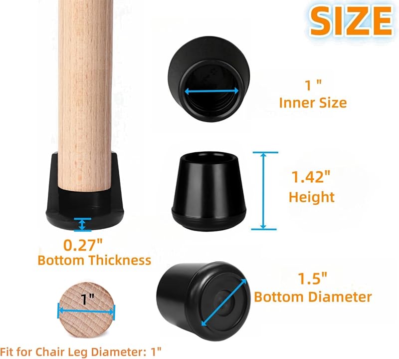 Tapas antiderrap goma 1" para patas silla negro pack 64