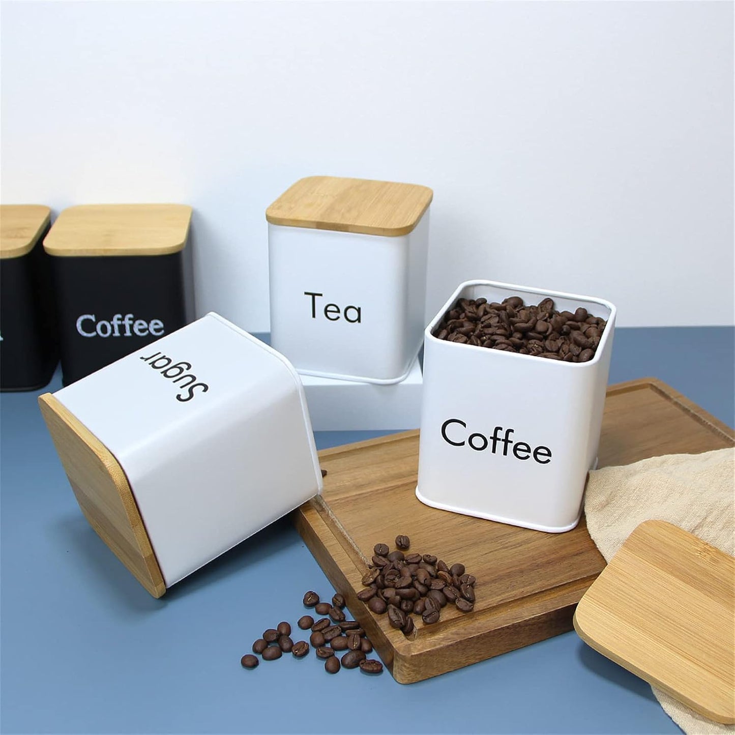Tarro té azúcar café tapa bambú contenedor cocina metal