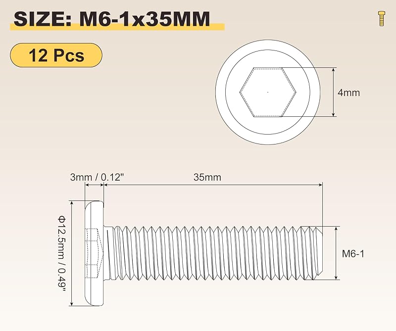Tornillos M6-1x35 Acero Inox 304 12 Pzas para Muebles Negro