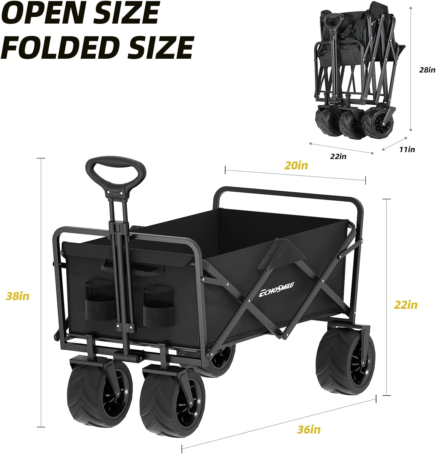 Carro plegable resistente 350lb para acampar negro