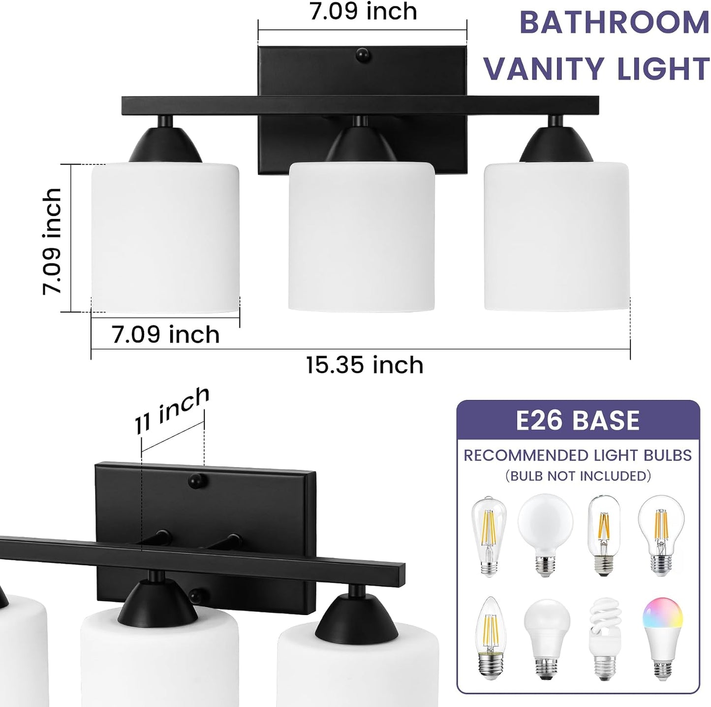 Lámpara baño 3 luces negra mate pantalla vidrio blanco