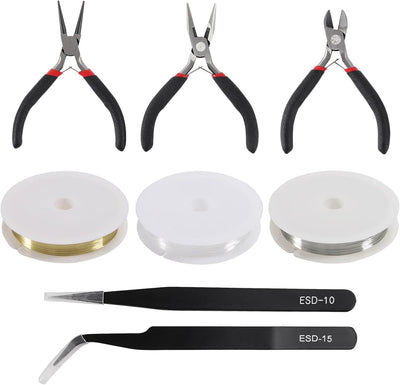 Kit 8 herramientas joyería 3 alicates 2 alambres 1 cuerda cuentas 2 pinzas