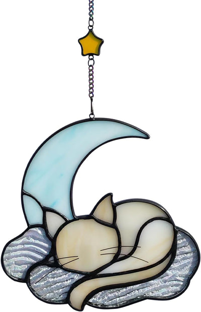 Decoración gato naranja luna azul vitrales colgantes