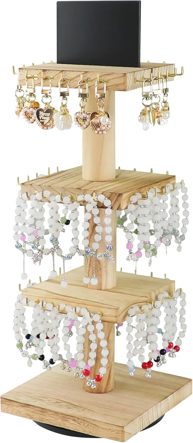 Soporte giratorio madera 3 niveles 60 ganchos para joyas