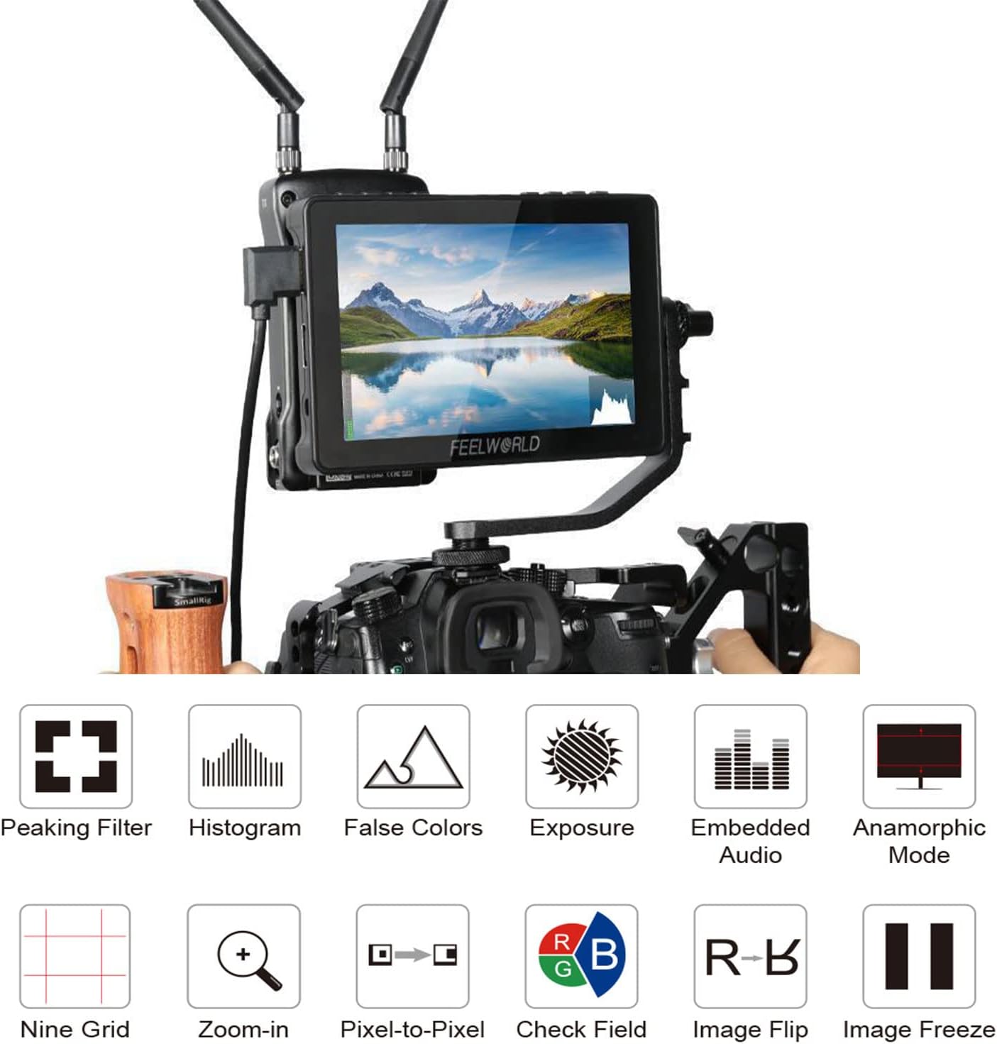 Monitor DSLR 6pulg táctil FHD IPS con luz LED y kit alimentación