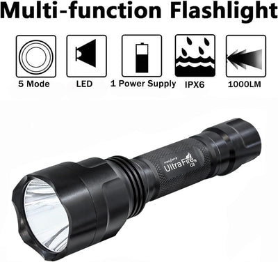 Linterna LED C8 1000lm 5 modos IPX6 cargador emergencias