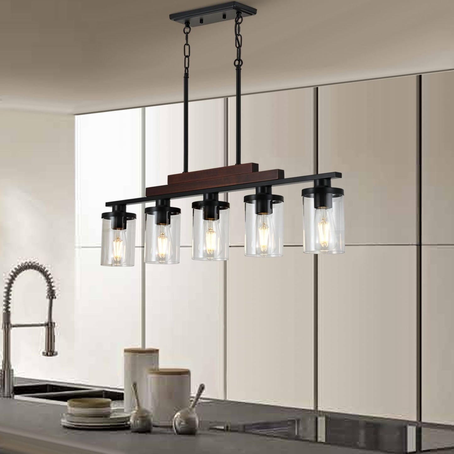 Lámpara colgante de madera estilo granja 5 luces negro mate