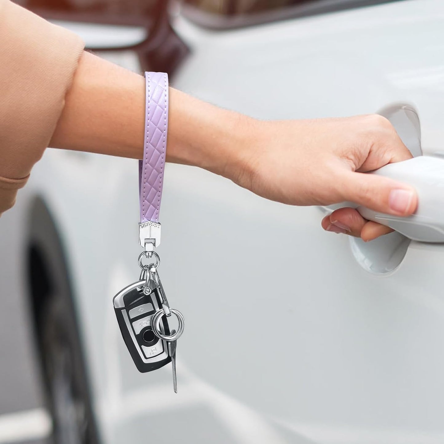 Llavero muñeca cuero para auto con anillo anti-pérdida morado
