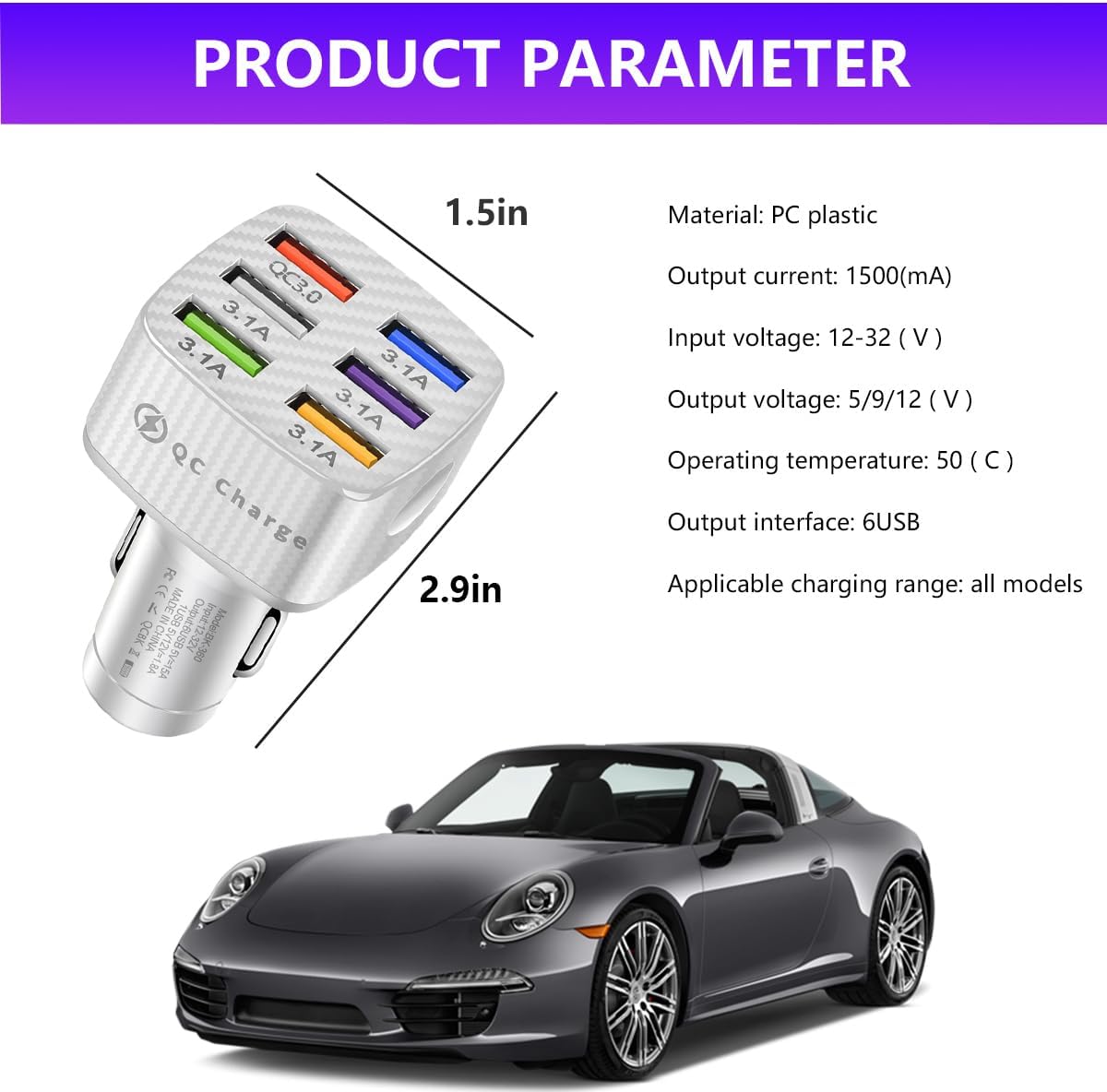 Adaptador cargador automóvil 6 puertos USB QC 3.0