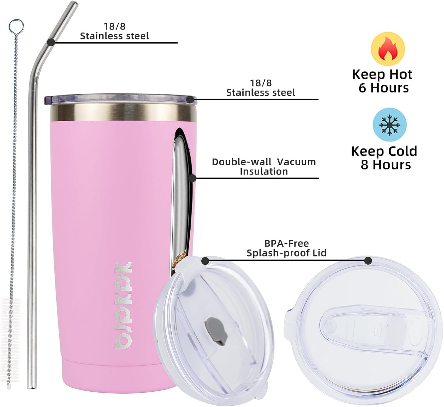 Taza viaje acero inox 20oz con tapa y pajilla color rosa
