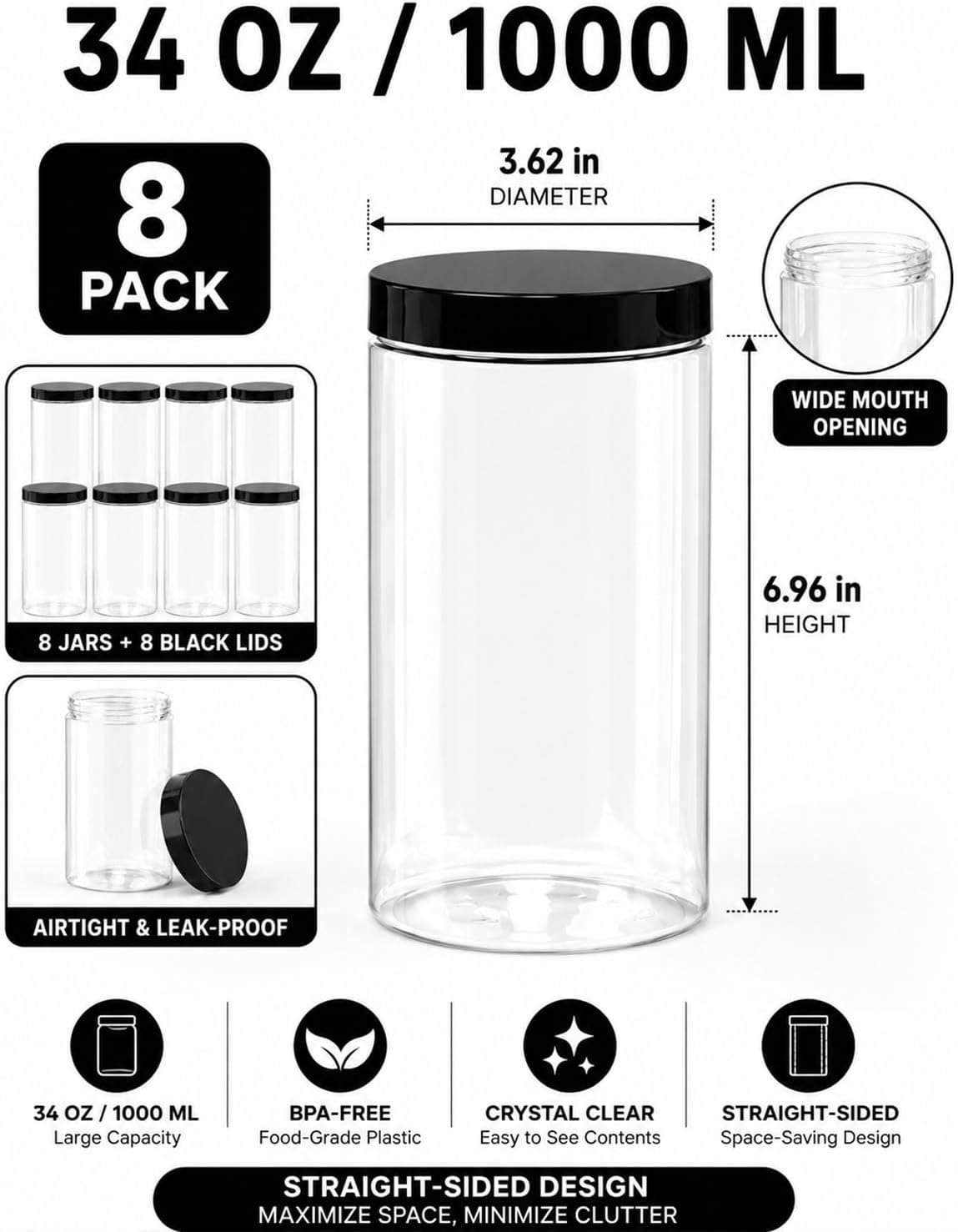 8 Pzas Tarros Plástico 34oz Tapas Transparentes