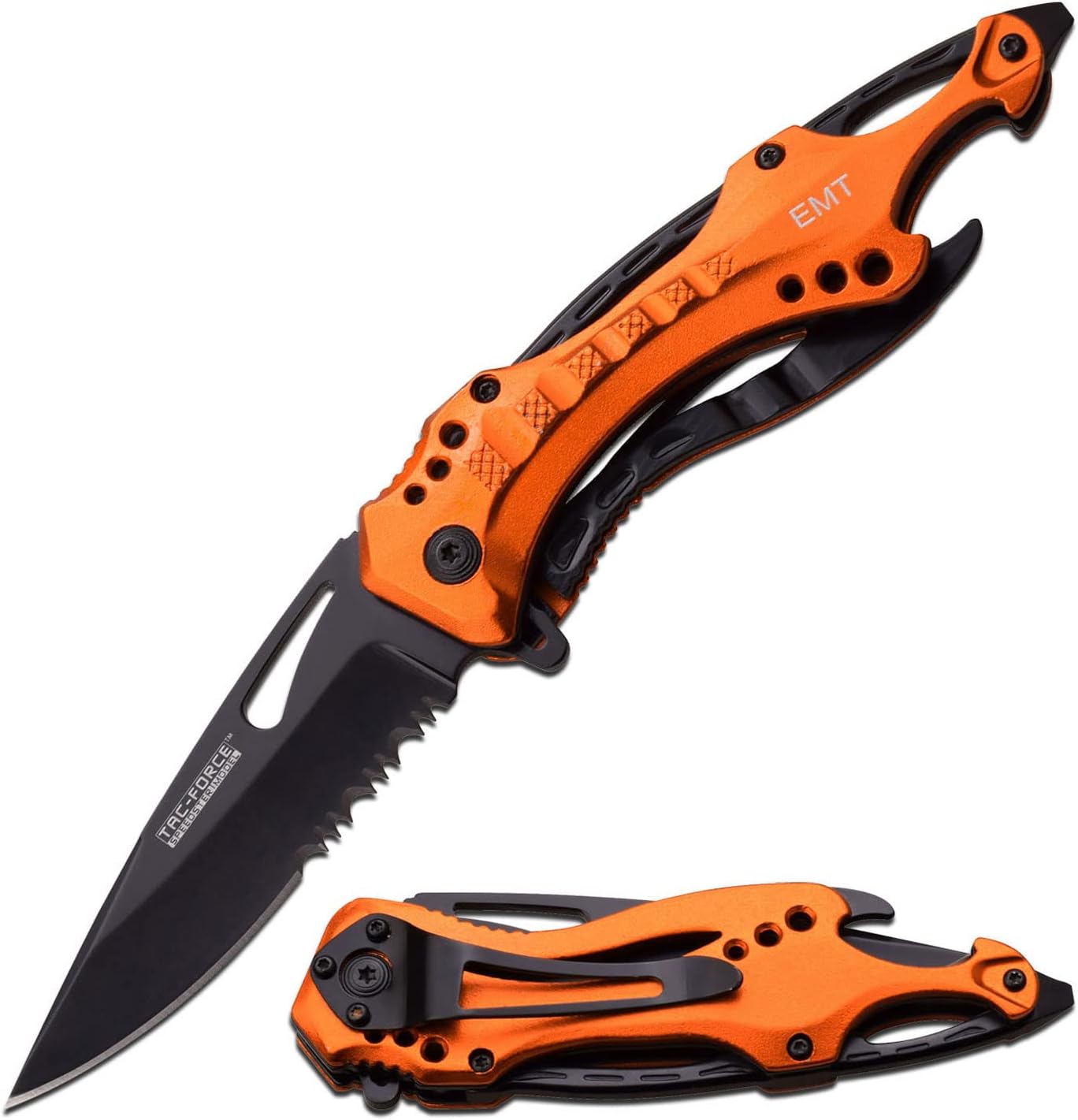 Cuchillo bolsillo plegable hoja serrada 3.25pulg aluminio naranja