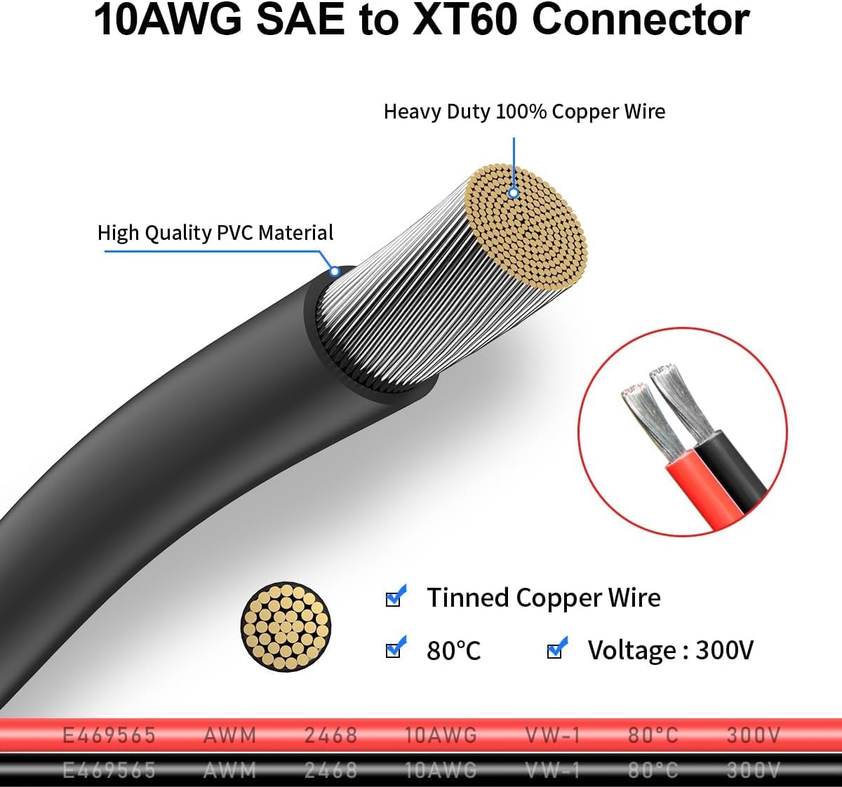 Cable extensión XT60 a SAE 10AWG 10pies con adaptador inverso