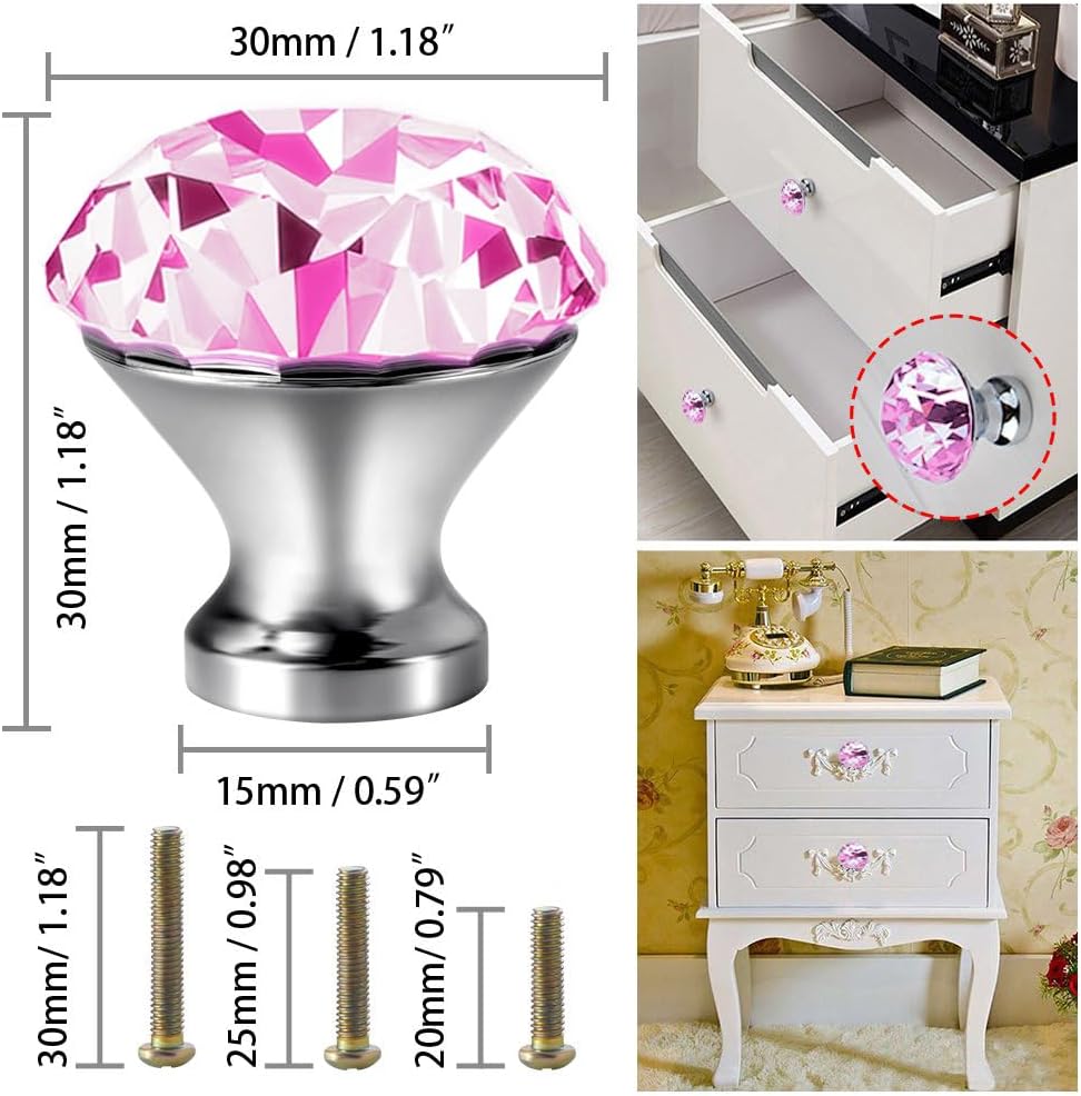 Perillas gabinete cocina 1.181pulg cristal rosa diamante 12 Uds