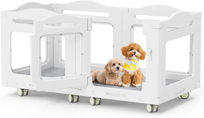 Jaula perros gatos 6 paneles ruedas 8 blanca