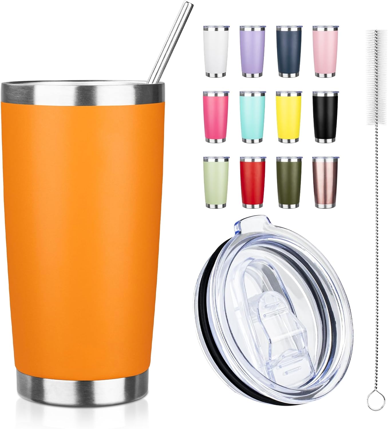 Vaso térmico acero inox con popote y cepillo naranja
