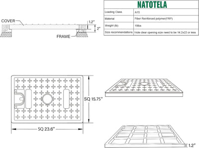 Tapa fibra vidrio 24x16pulg FRP antiderrap tanque séptico
