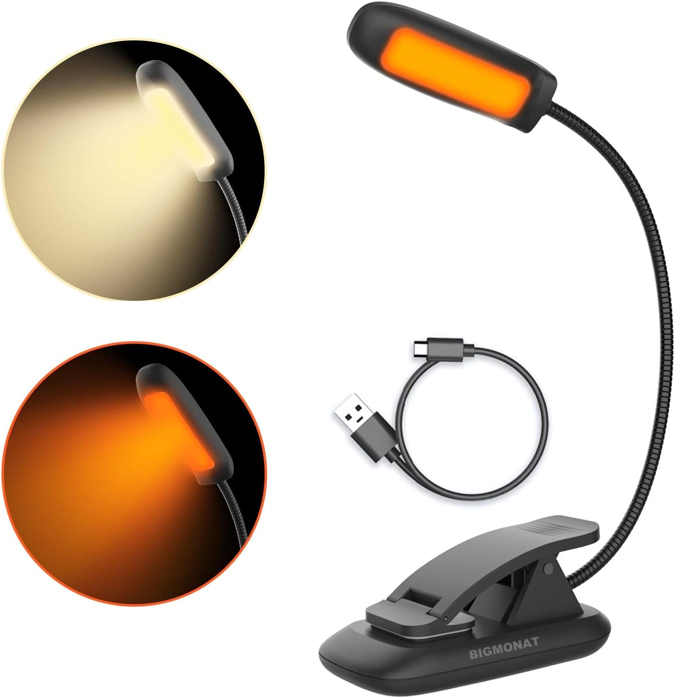 Luz LED libro ámbar recargable USB ajustable negro