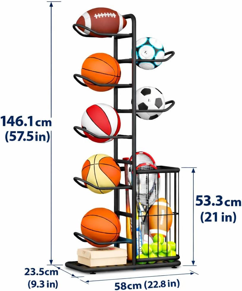 Estante deportivo para 7 bolas y baloncesto 57.5pulg negro