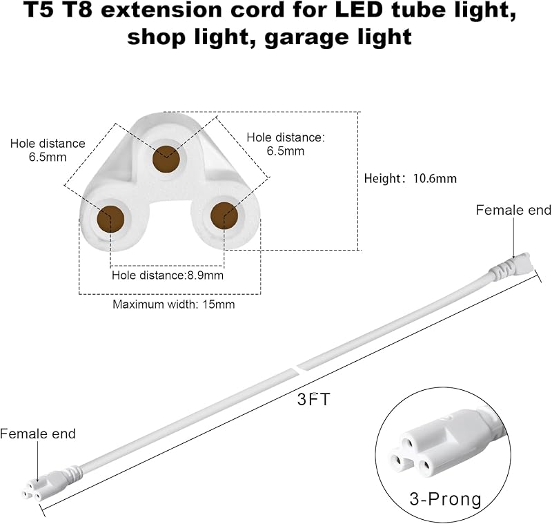 Cable extensión T5 T8 3 ft conector hembra doble 8 Pzas