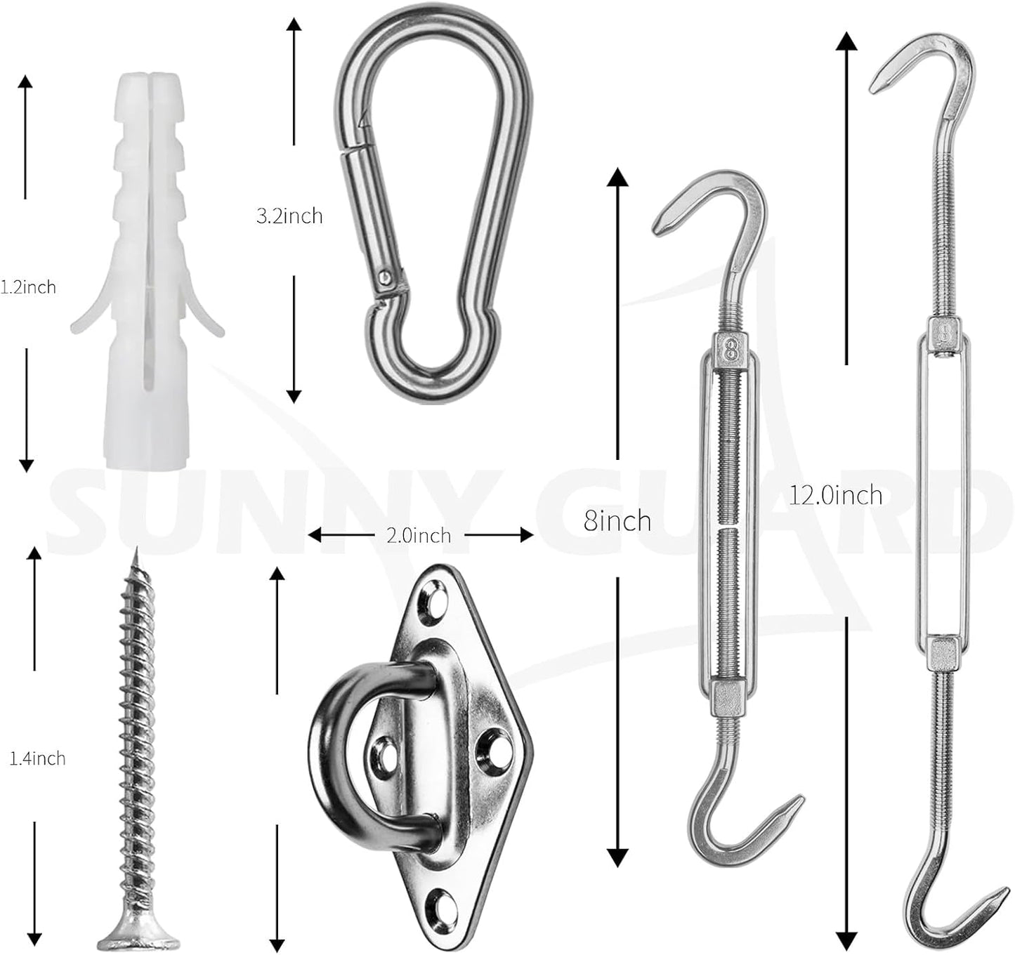 Kit herrajes acero inox 304 8pulg para toldo rectangular
