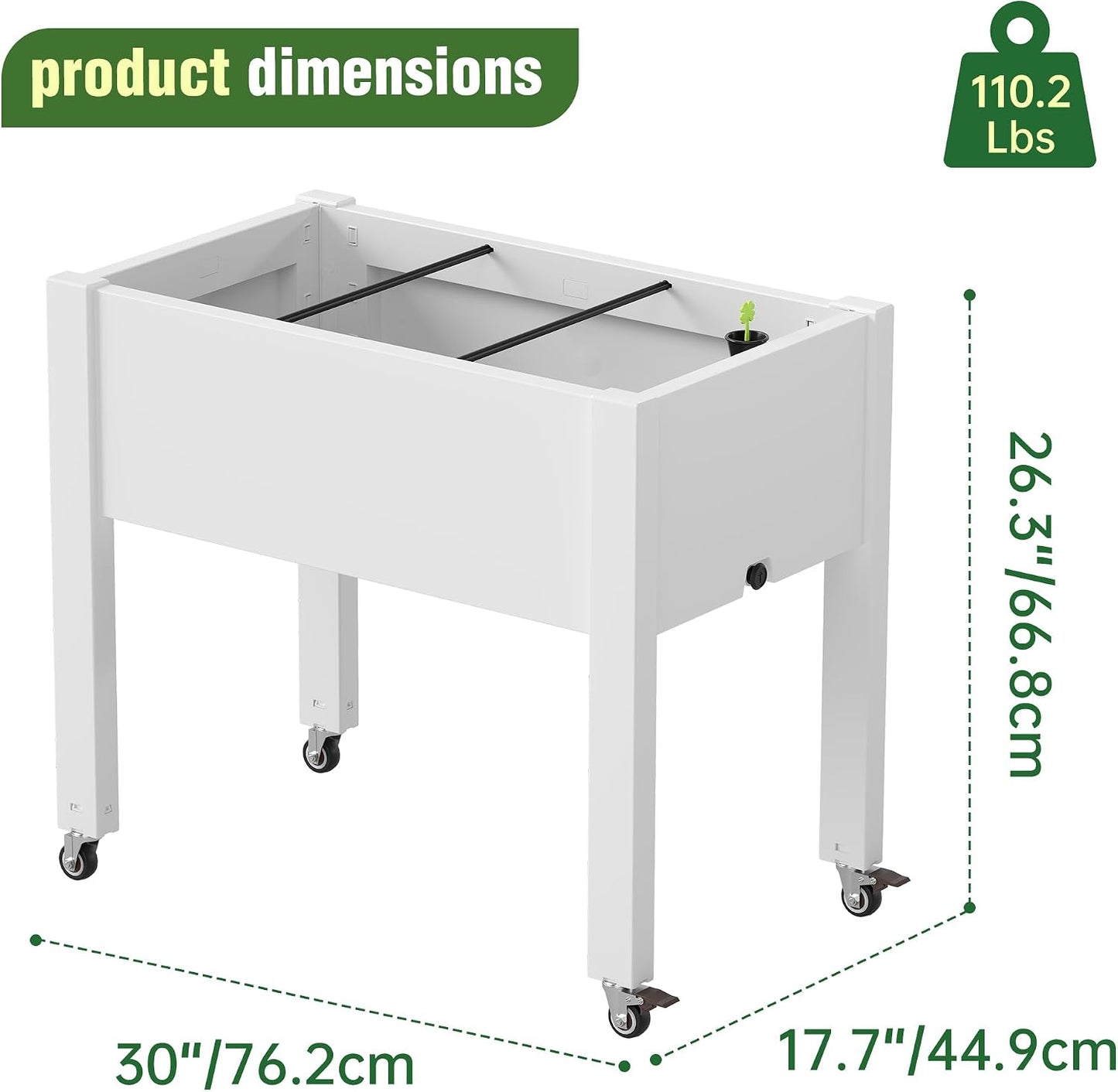 Cama jardín elevada con ruedas resina blanca 26pulg