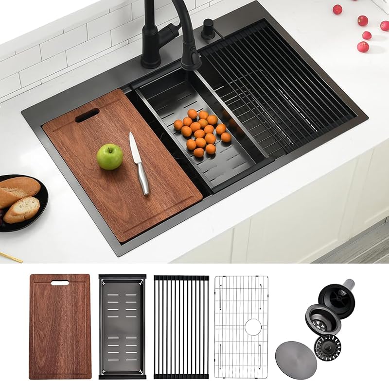 Fregadero cocina negro 33x22" acero inox 304 con estación