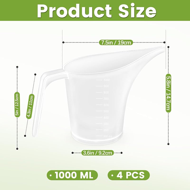 4 Jarras Plástico Embudo Taza Medidora 1L Boquilla Larga