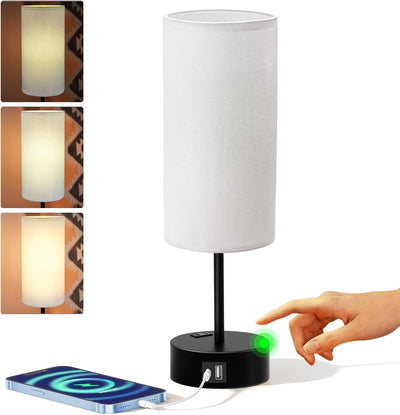 Lámpara noche tactil 3 vías con puertos USB AC y tela lino