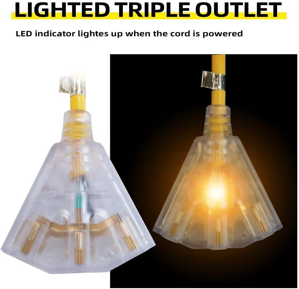 Cable extensión iluminado 25ft con 3 tomas SJTW 12/3