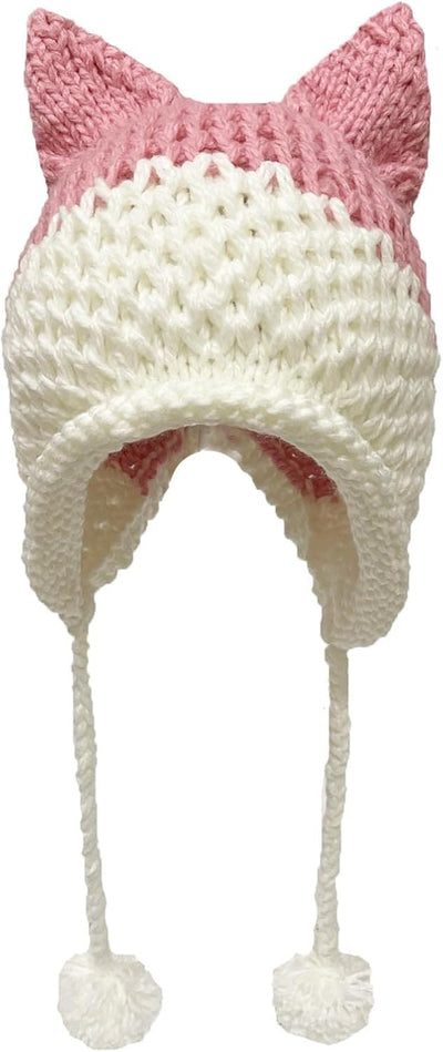 Gorro punto cálido con orejas zorro y pompón