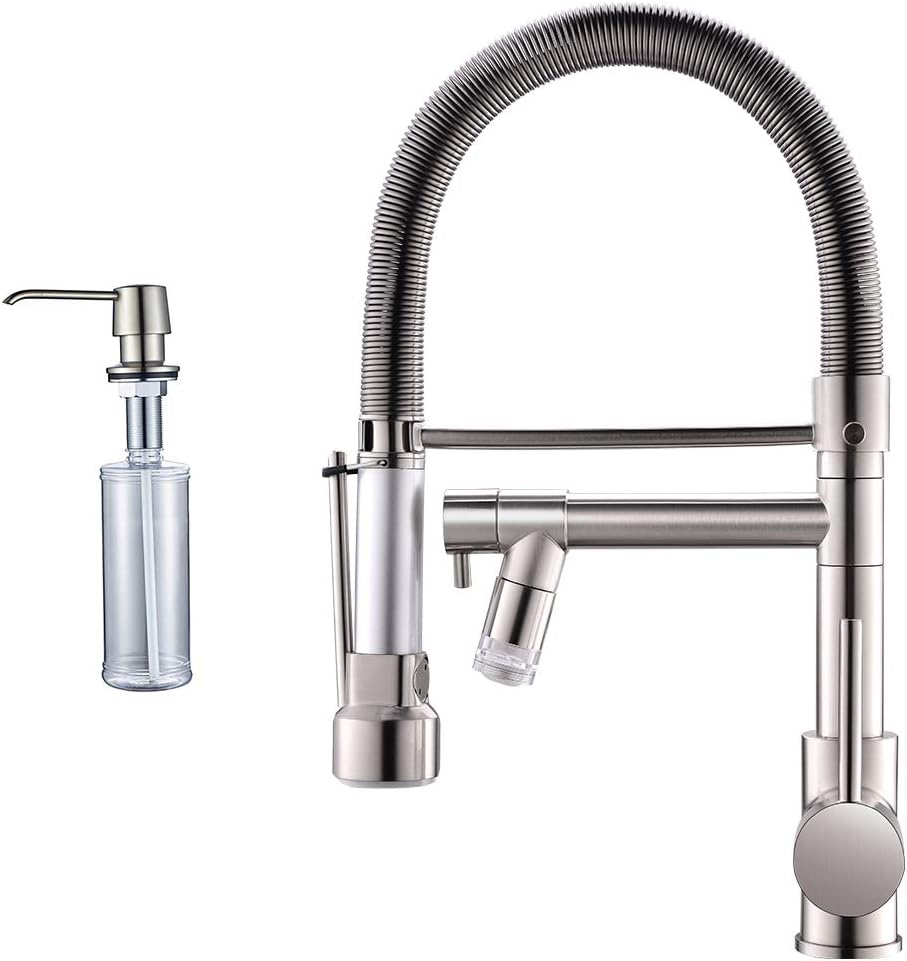 Grifo cocina LED con pulverizador y dispensador jabón níquel