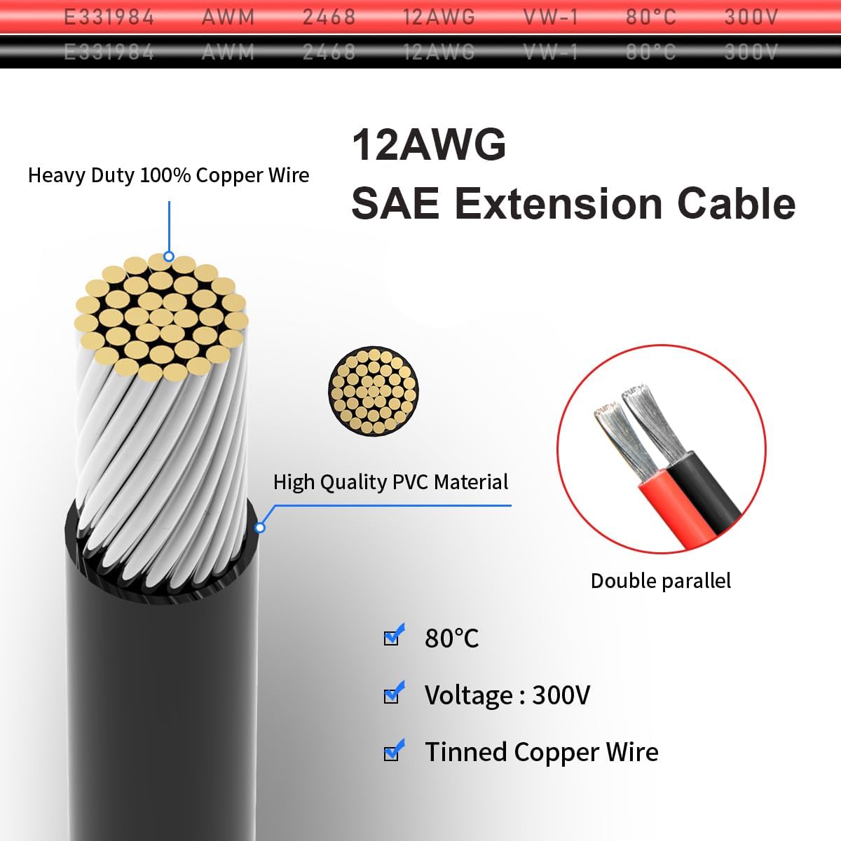 Cable extensión SAE 12 AWG 1pie 2pines coche RV
