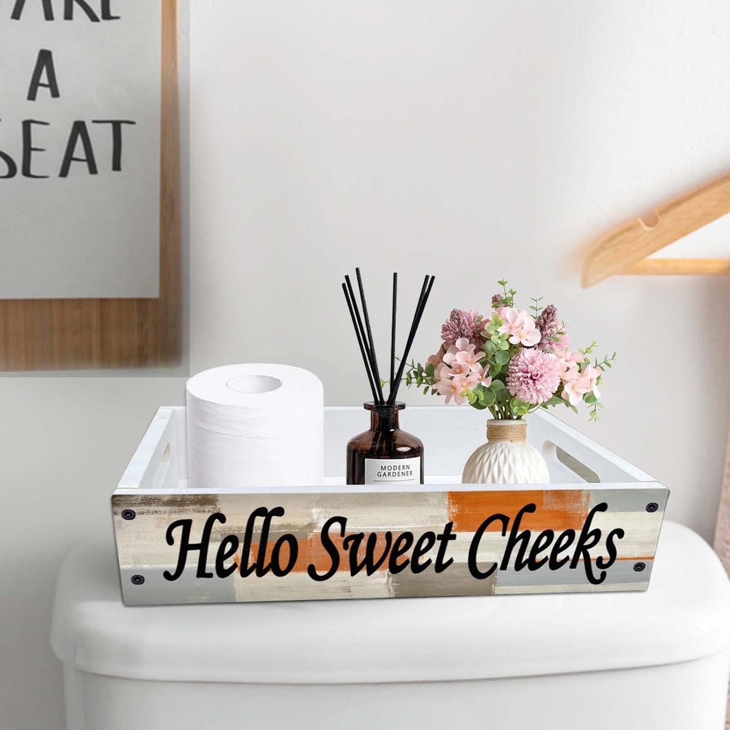 Cesta almacenamiento baño madera asa color naranja