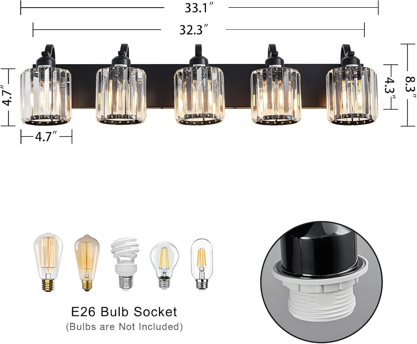 Lámpara Tocador Baño 5 Luces Cristal Negro Moderna